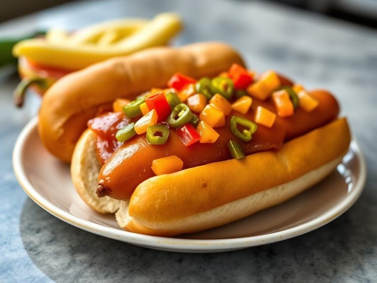 Chicago-style hot dog with neon relish and sport peppers