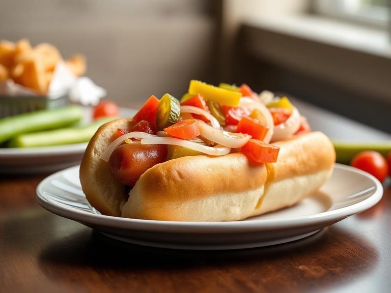 Chicago-Style Hot Dog with Pickles, Onions, and Tomatoes