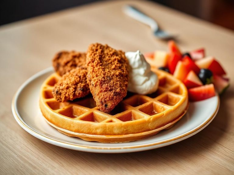Chicken and Waffles with a side of fruit salad
