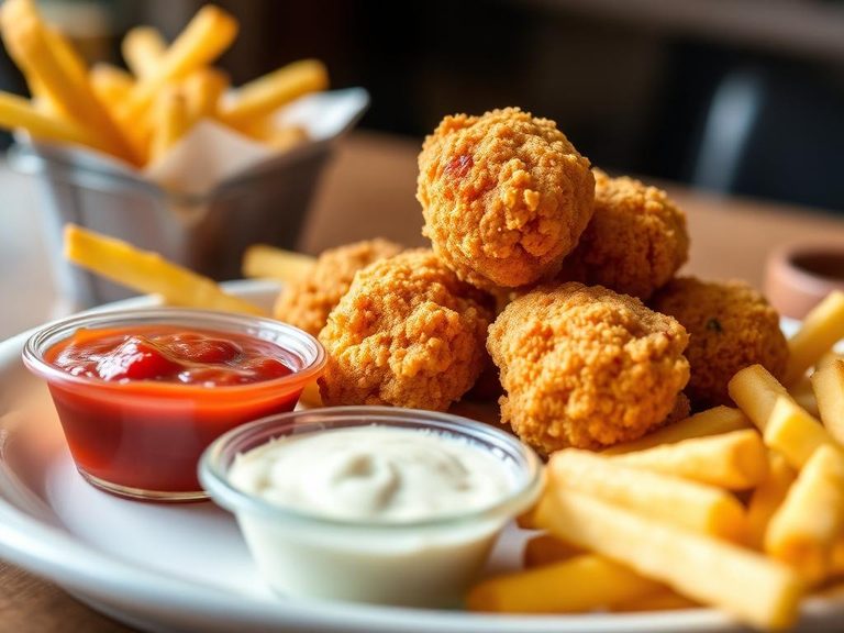 Chicken nugget meal with fries and dipping sauce
