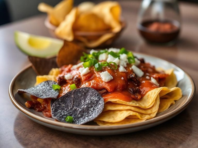 Chilaquiles with blue corn chips