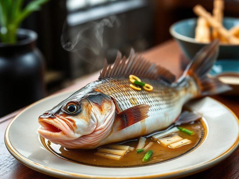 Chinese Steamed Whole Bass with Ginger and Scallion