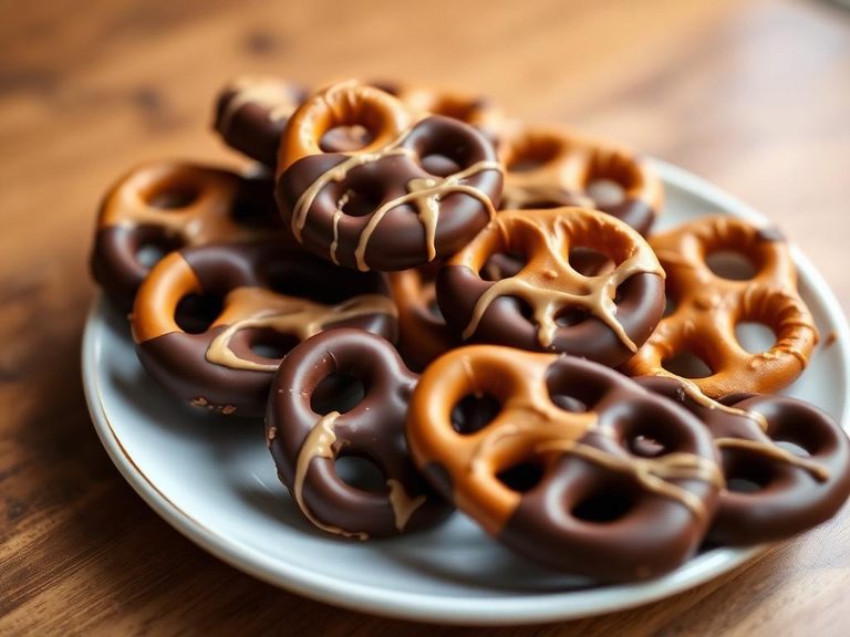 Chocolate-dipped pretzels with peanut butter coating