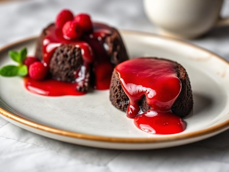Chocolate lava cake with raspberry coulis