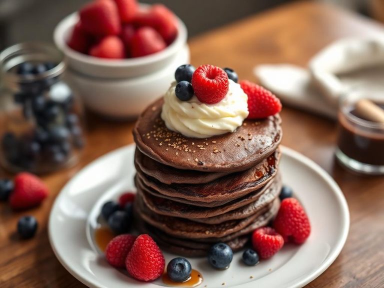 Chocolate Pancake Stack with Berries and Cream