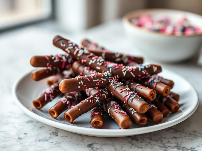 Chocolate pretzel rods with sprinkles