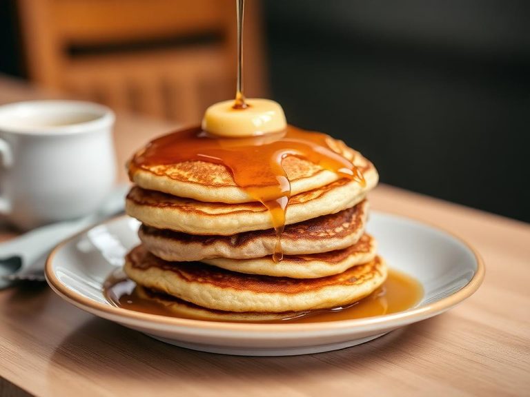Classic breakfast stack with maple syrup