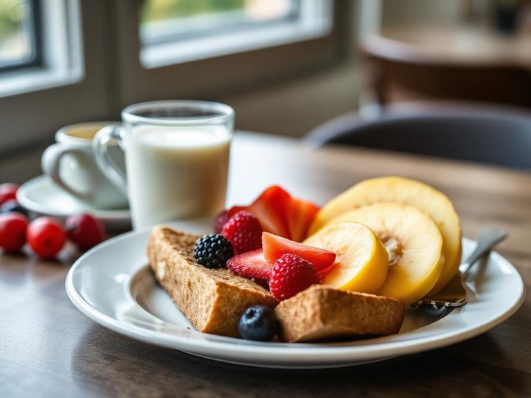 Classic breakfast with milk and fresh fruit