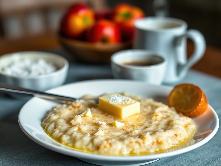 Classic hot breakfast porridge with butter and sugar