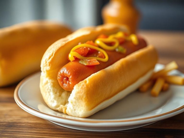 Classic hot dog in a bun with mustard and relish