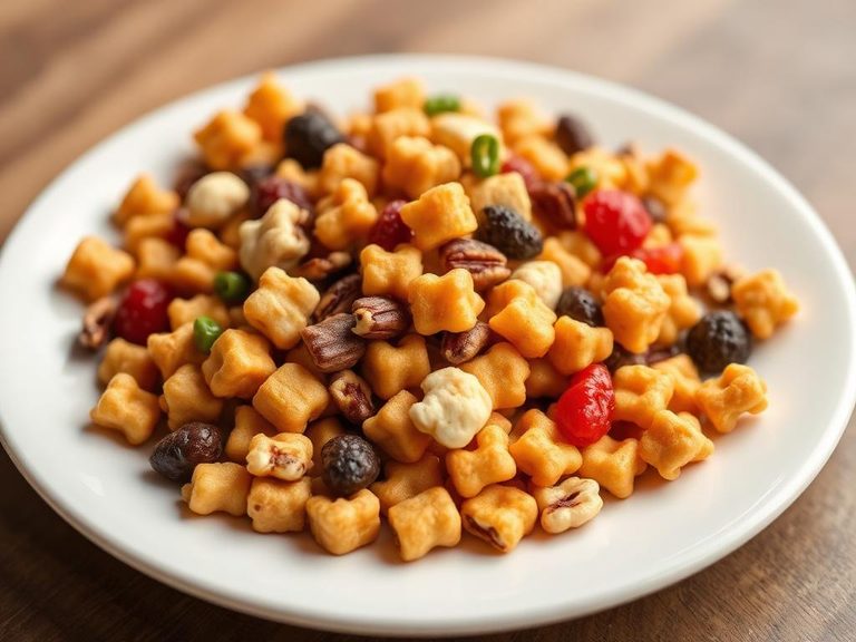 Corn puff snack mix with nuts and dried fruit