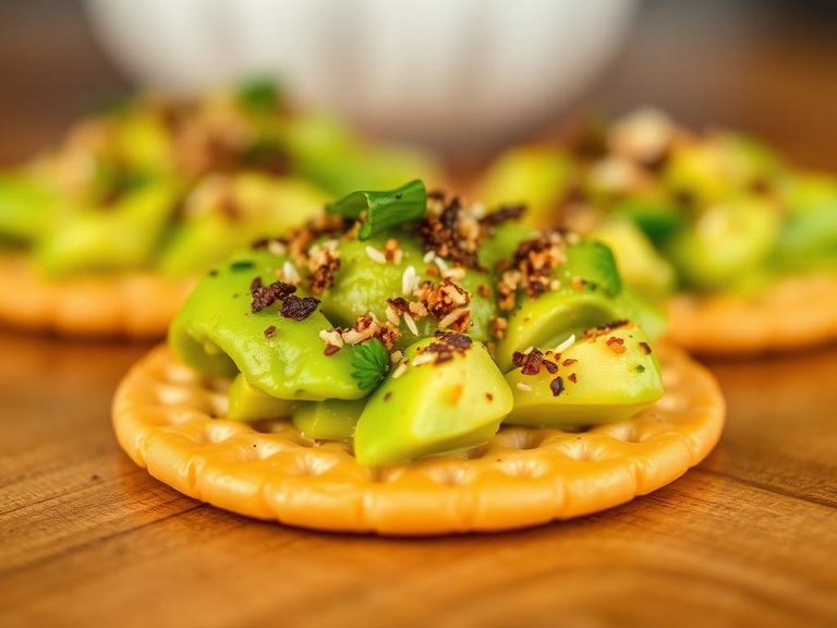 Cracker with avocado and everything bagel seasoning