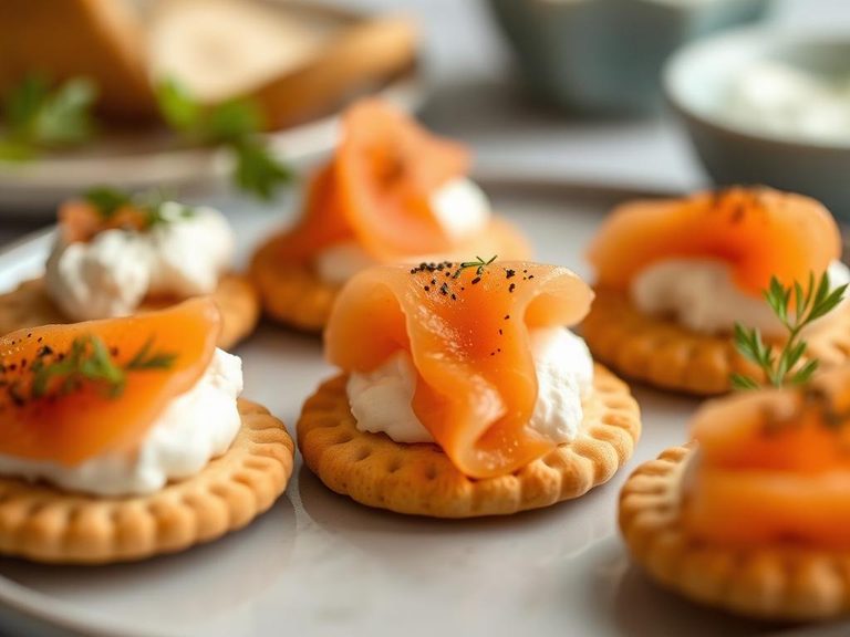 Crackers with smoked salmon and cream cheese