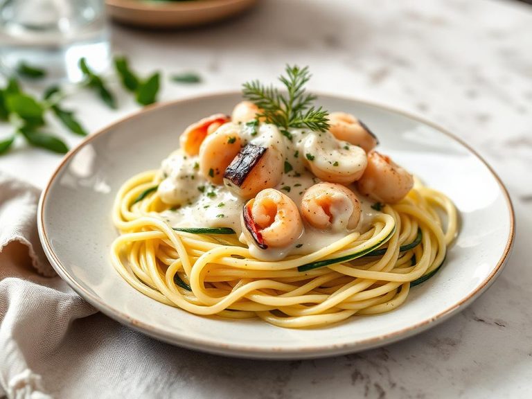 Creamy Seafood Alfredo over Zucchini Noodles