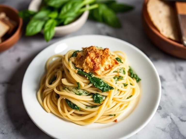 Creamy spinach spaghetti carbonara