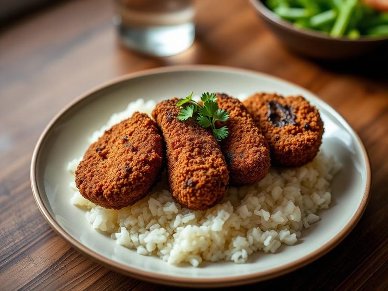 Crumbed over soft-cooked rice