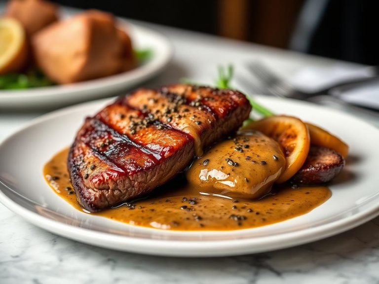 Denver steak with peppercorn sauce