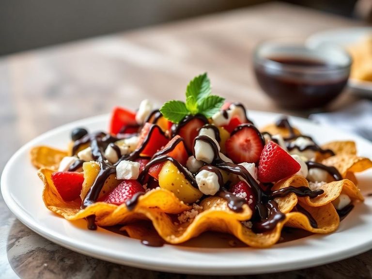 Dessert nachos with fruit and chocolate sauce