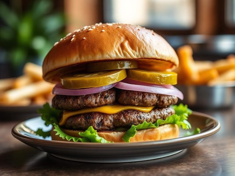 Double cheeseburger with pickles and onions