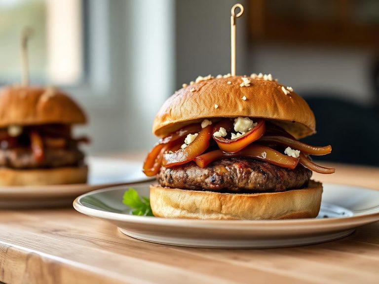 Elk burgers with caramelized onions and blue cheese