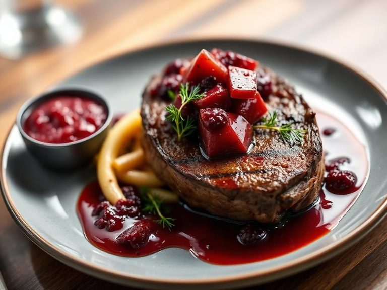 Emu steak with pepperberry sauce