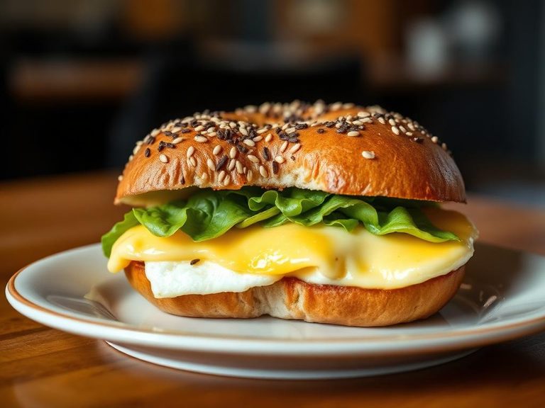 Everything bagel with egg and cheese sandwich
