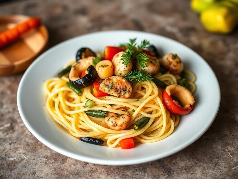 Fettuccine with Mixed Seafood and Vegetables