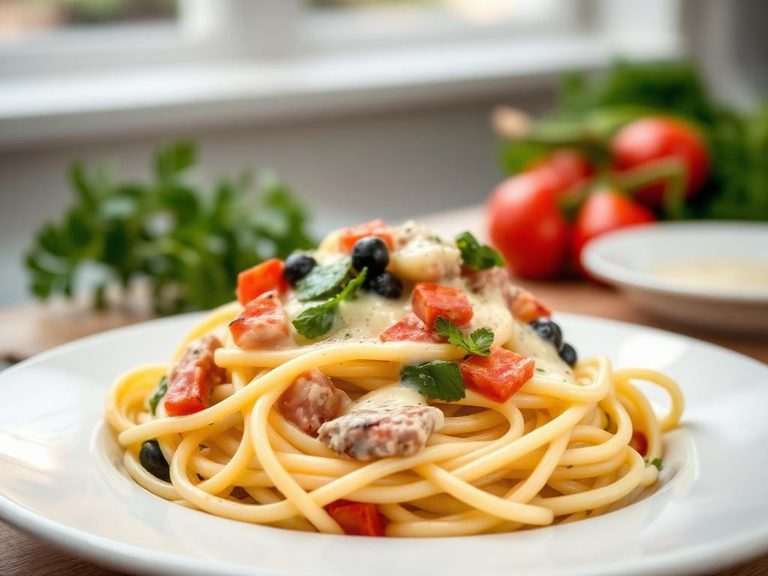 Fettuccine with Mixed Vegetables in Cream Sauce