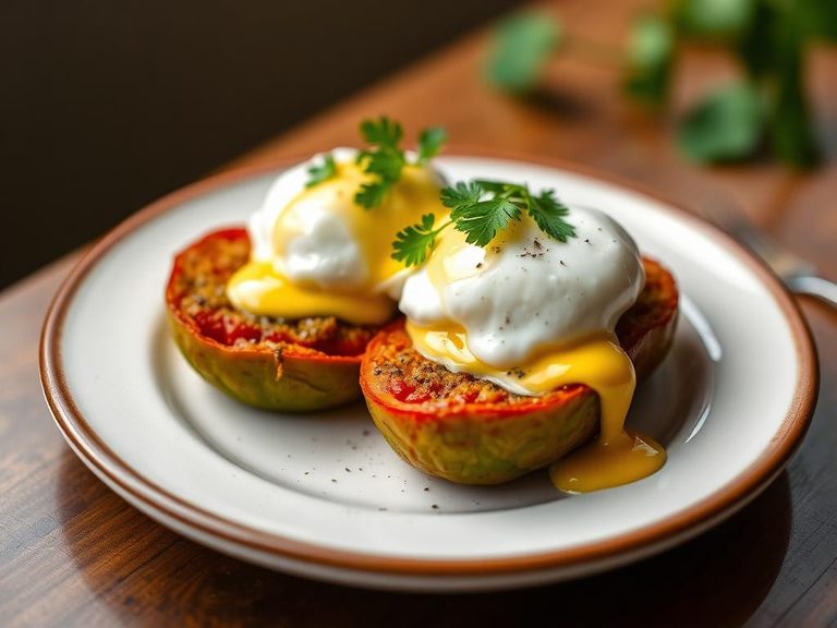 Fried green tomatoes with poached eggs and hollandaise