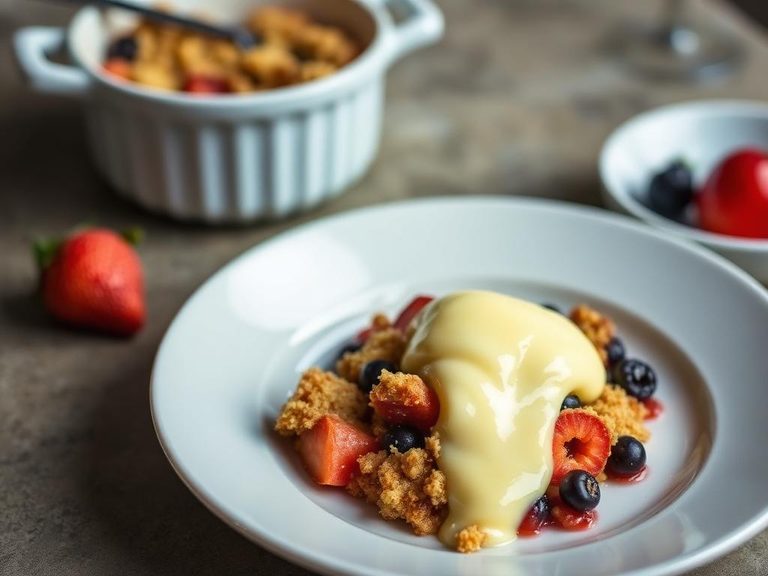 Fruit crumble with custard