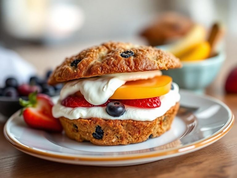 Fruit muffin sandwich with cream cheese