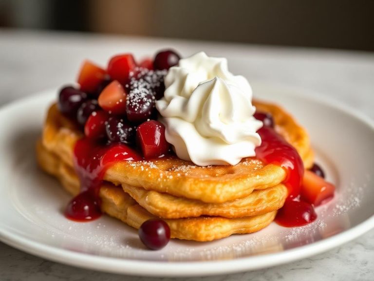 Funnel cake with fruit compote and whipped cream