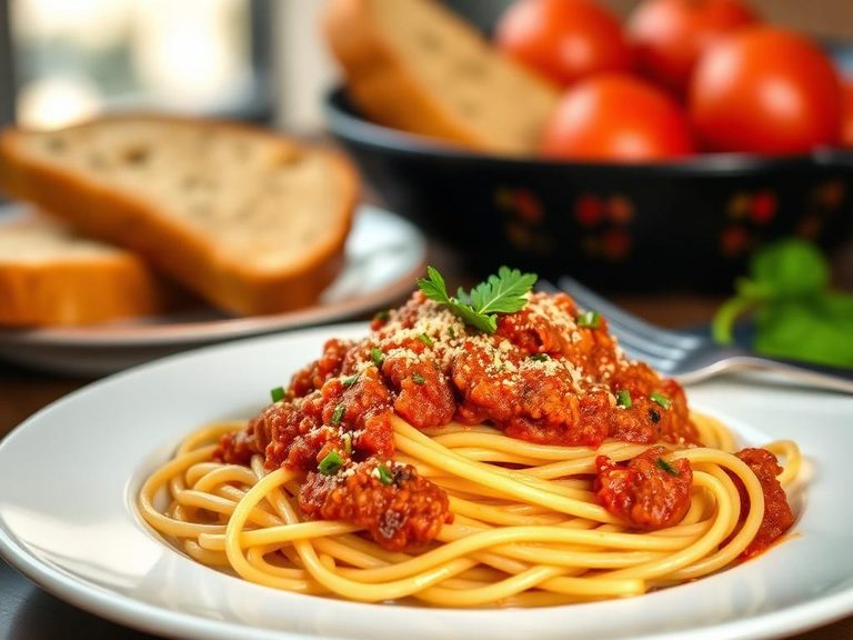 Garlic bread with spaghetti bolognese