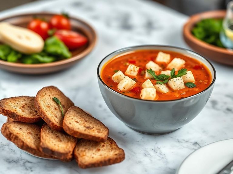 Gazpacho with croutons and diced vegetables