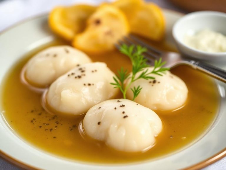 Gefilte fish quenelles in broth