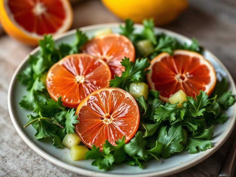 Grapefruit segments in a green salad