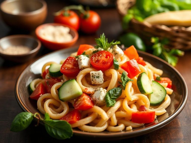 Greek-Style Pasta Salad with Cucumber and Tomato