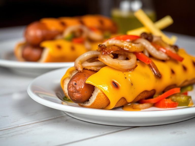 Grilled cheese bratwurst with onions and peppers