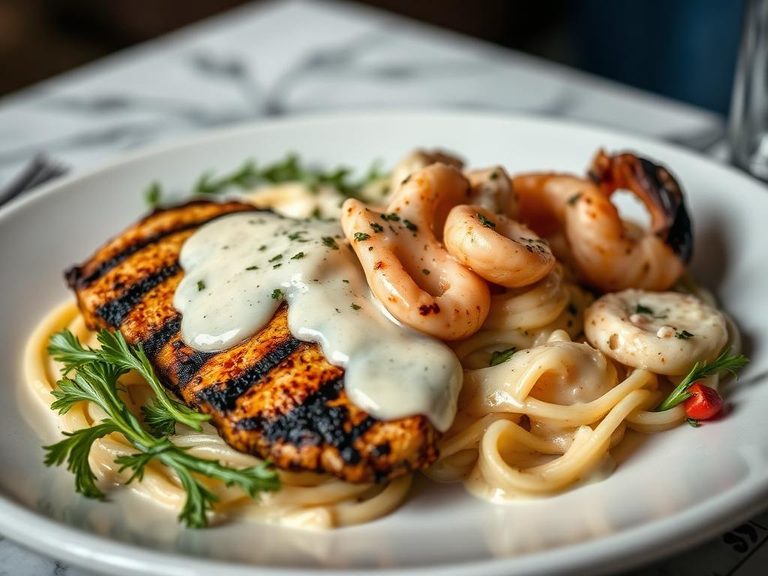 Grilled Chicken and Seafood Alfredo