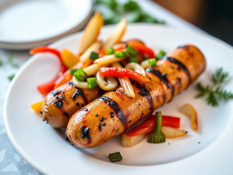 Grilled Chicken Bratwurst with Peppers and Onions