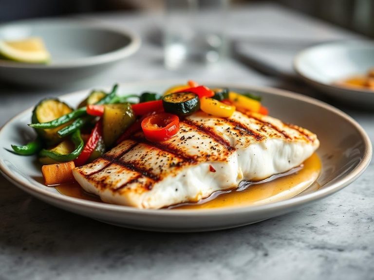Grilled Halibut with Sautéed Zucchini and Peppers