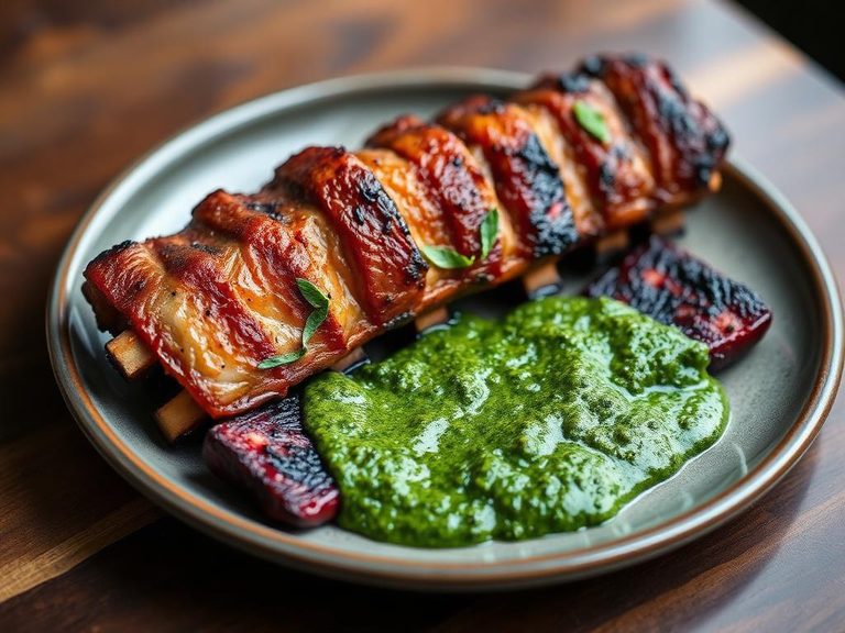 Grilled pork ribs with herb chimichurri