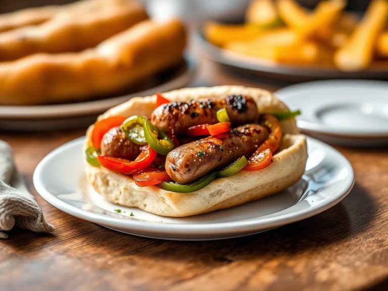 Grilled Sausage and Peppers on a Hoagie Roll