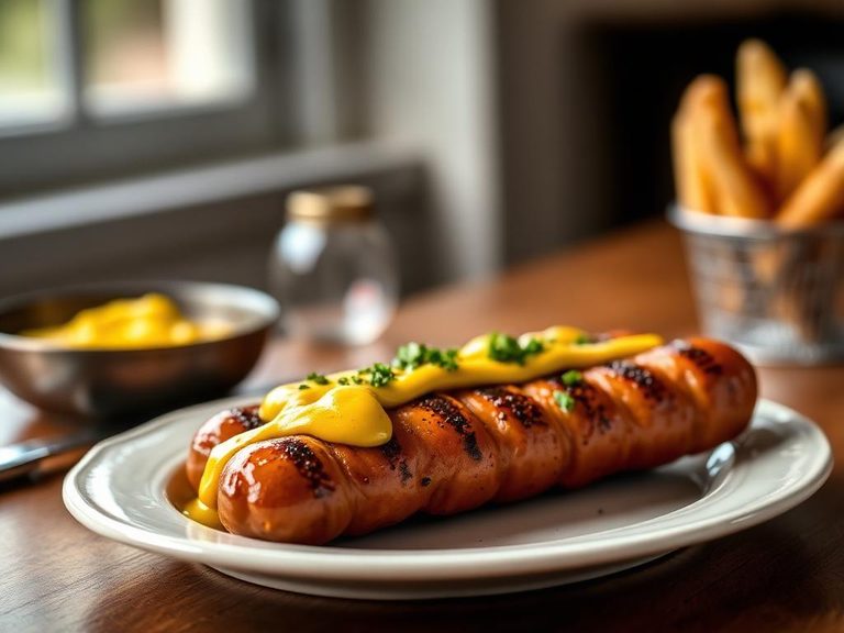 Grilled Swisswurst with mustard and pretzel bun