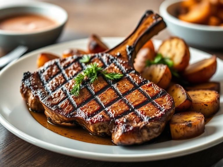 Grilled T-bone steak with roasted potatoes
