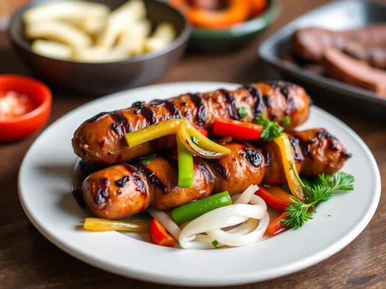 Grilled Venison Sausage with Peppers and Onions
