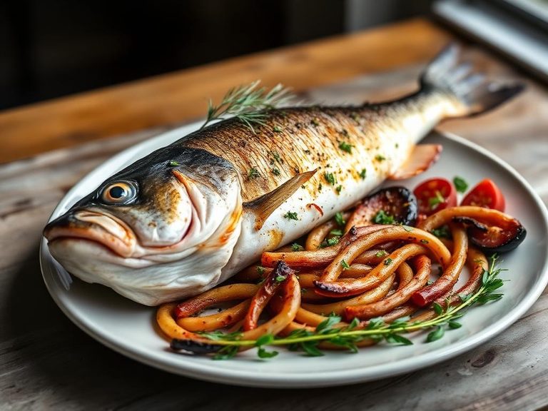Grilled whole bass with herbs