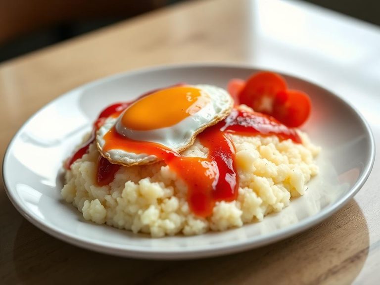 Grits with fried egg and hot sauce