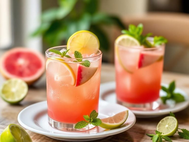 Guava nectar punches with lime, mint, and soda water