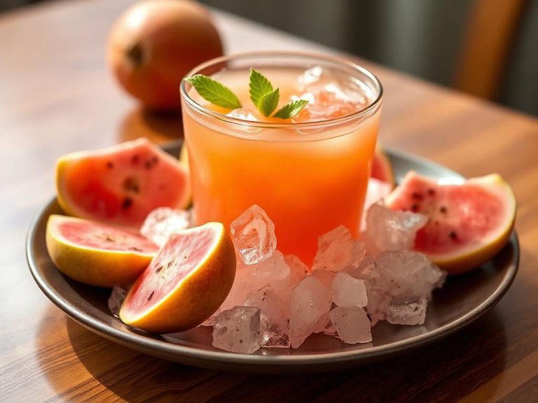 Guava nectar served chilled over crushed ice as a standalone refreshment